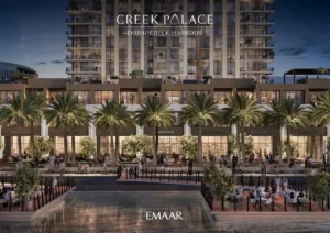 Creek Palace at Dubai Creek Harbour by Emaar Properties waterfront apartment building with retail promenade, palm landscaping, and evening leisure setting in Dubai Presented by Tohid Fetrat