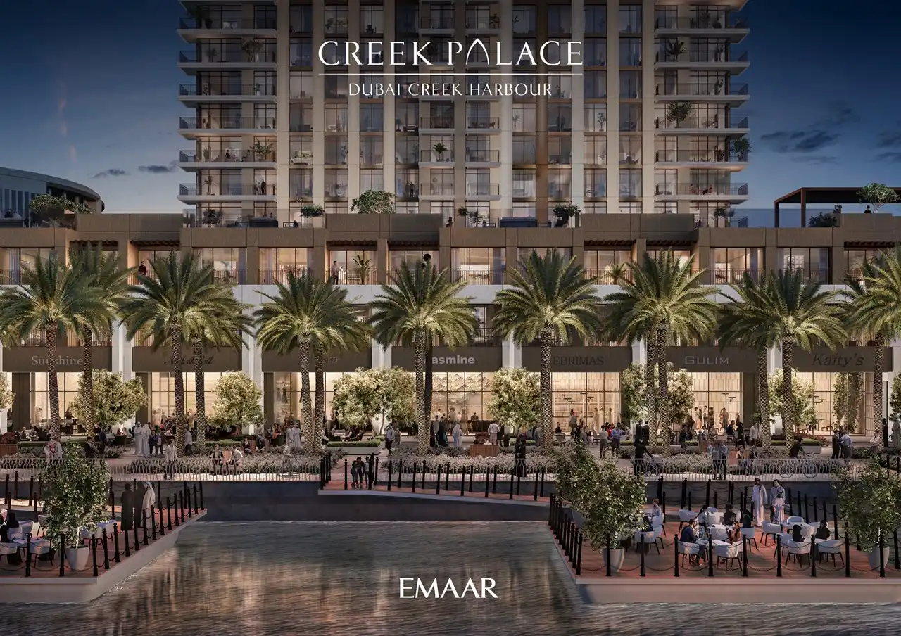 Creek Palace at Dubai Creek Harbour by Emaar Properties waterfront apartment building with retail promenade, palm landscaping, and evening leisure setting in Dubai Presented by Tohid Fetrat