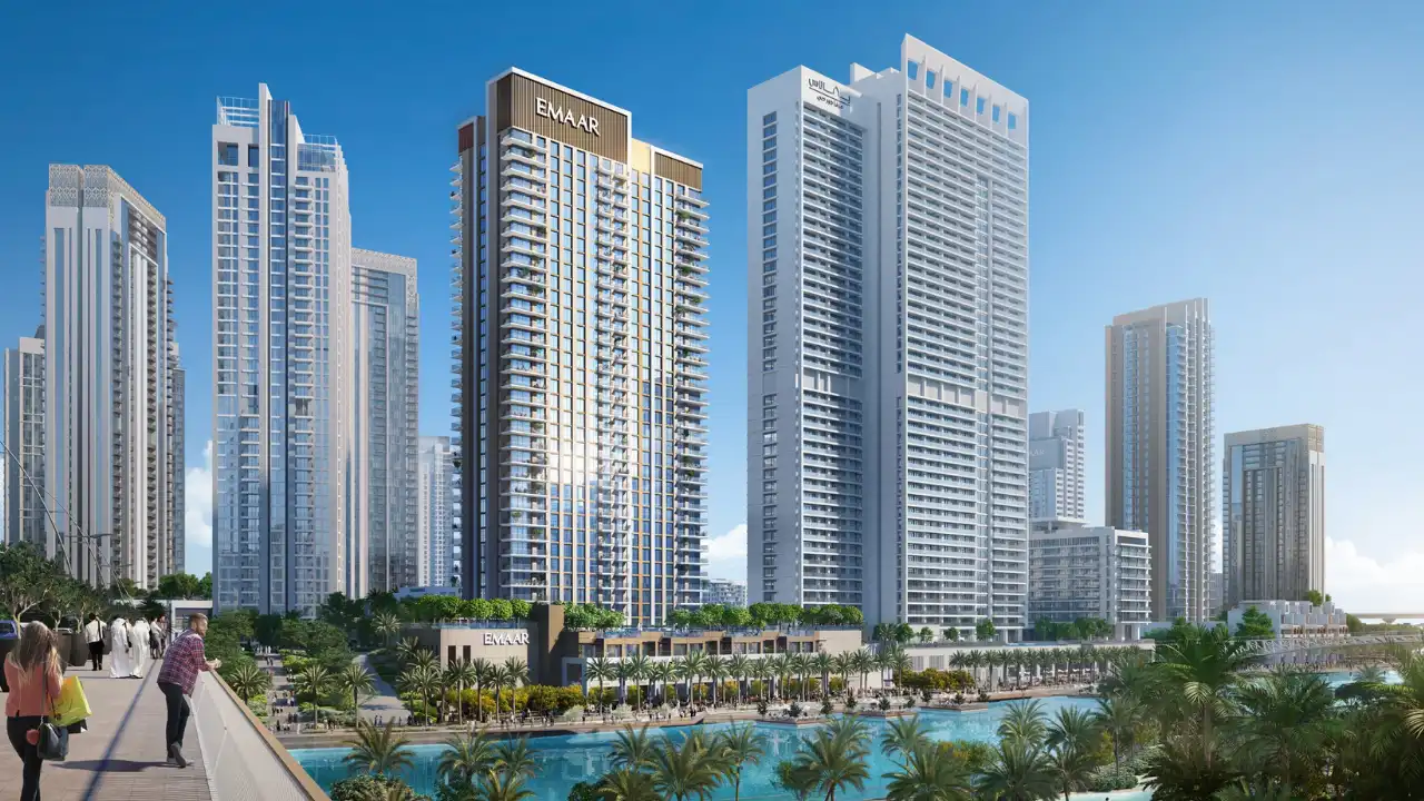Creek Palace at Dubai Creek Harbour by Emaar Properties waterfront apartment towers with promenade, palm landscaping, and community skyline view in Dubai Presented by Tohid Fetrat