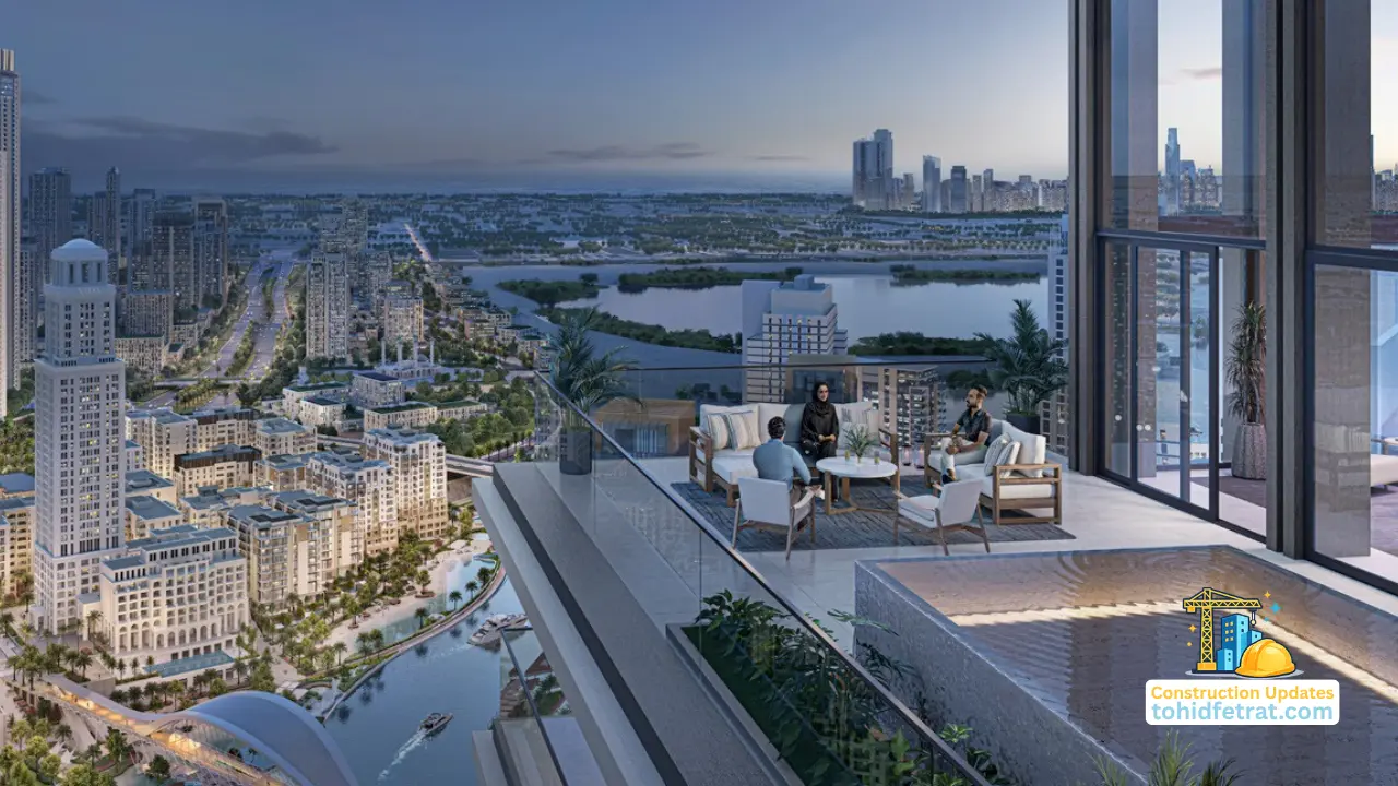 Creek Waters 2 Construction Update April 2026 featuring a panoramic balcony overlooking Dubai Creek Harbour in Dubai Presented by Tohid Fetrat