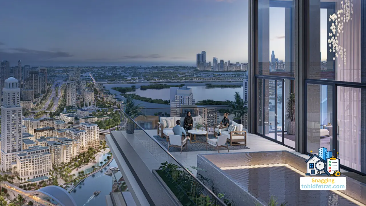 Creek Waters 2 at Dubai Creek Harbour by Emaar penthouse terrace prepared for snagging inspection overlooking the waterfront skyline in Dubai - Presented by Tohid Fetrat