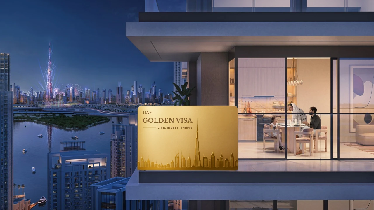 Creek Waters 2 Golden Visa eligibility featuring a luxury waterfront residence and UAE Golden Visa card in Dubai Creek Harbour Presented by Tohid Fetrat