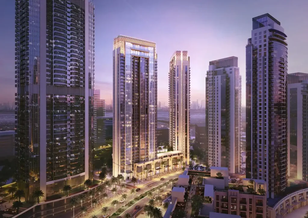 Creekside 18 at Dubai Creek Harbour by Emaar Properties aerial view of the twin residential towers surrounded by the Dubai skyline Presented by Tohid Fetrat