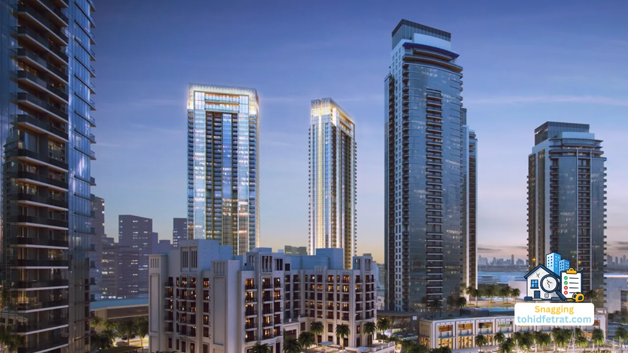 Creekside 18 at Dubai Creek Harbour by Emaar Properties snagging inspection graphic with the residential towers and waterfront setting in Dubai Presented by Tohid Fetrat