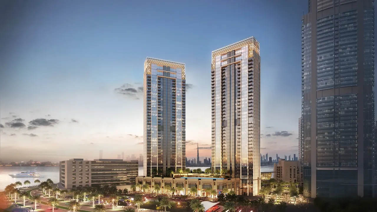 Creekside 18 at Dubai Creek Harbour by Emaar Properties twin residential towers overlooking the waterfront skyline in Dubai. Presented by Tohid Fetrat.