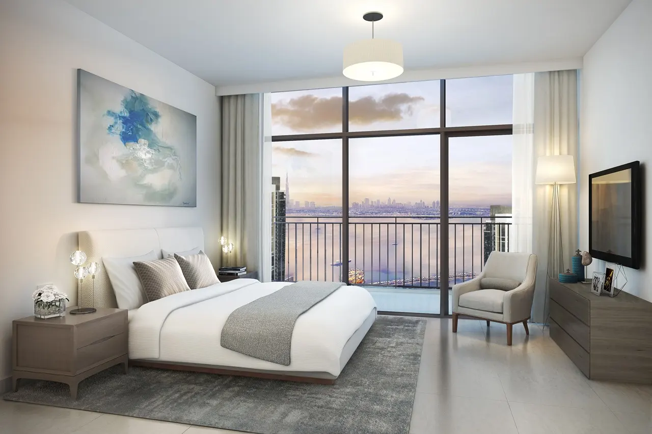 Creekside 18 at Dubai Creek Harbour by Emaar Properties contemporary bedroom interior with floor to ceiling windows overlooking the waterfront. Presented by Tohid Fetrat.
