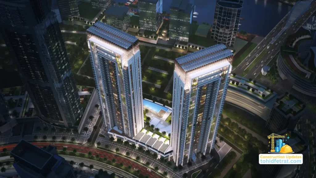 Creekside 18 at Dubai Creek Harbour by Emaar Properties aerial construction update view of the twin residential towers in Dubai Presented by Tohid Fetrat