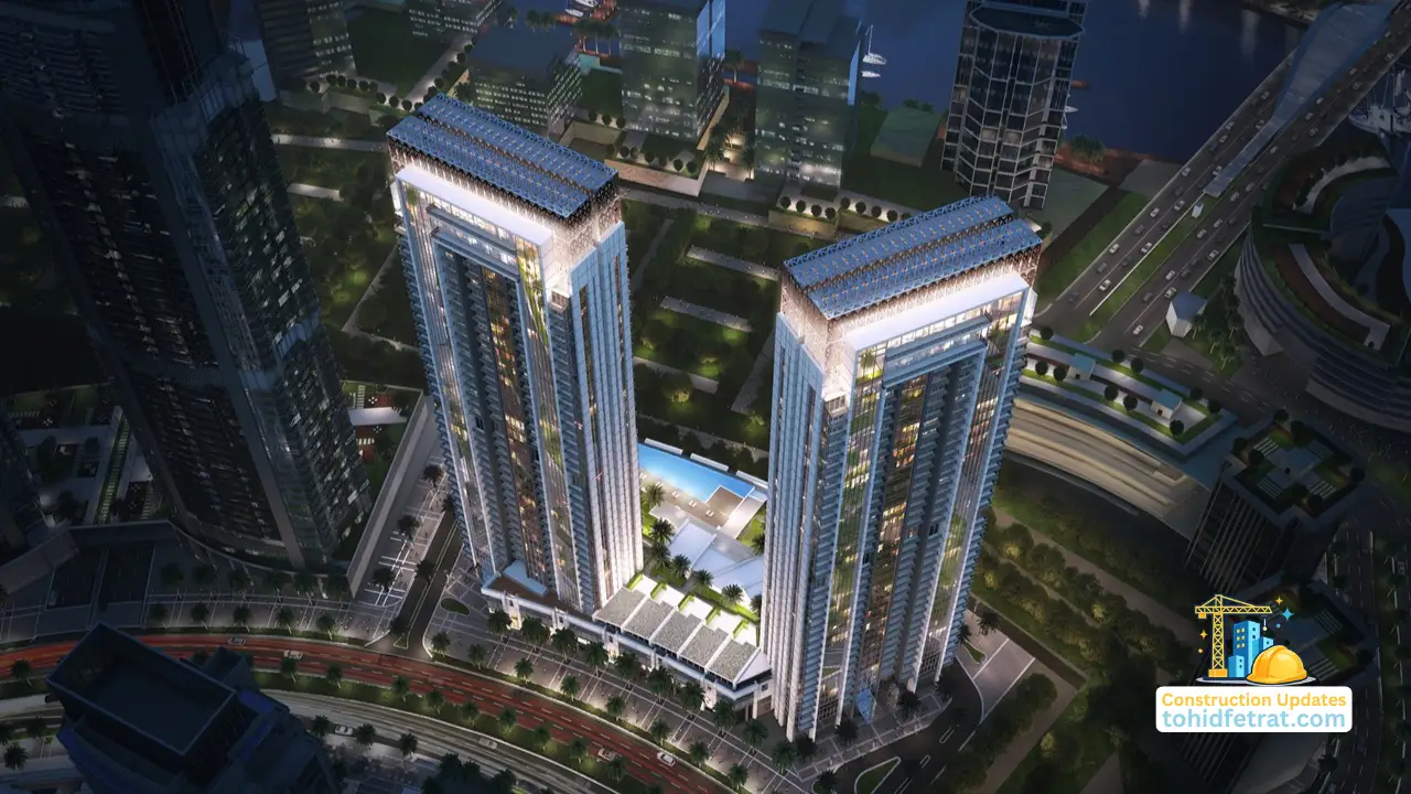 Creekside 18 at Dubai Creek Harbour by Emaar Properties aerial construction update view of the twin residential towers in Dubai Presented by Tohid Fetrat