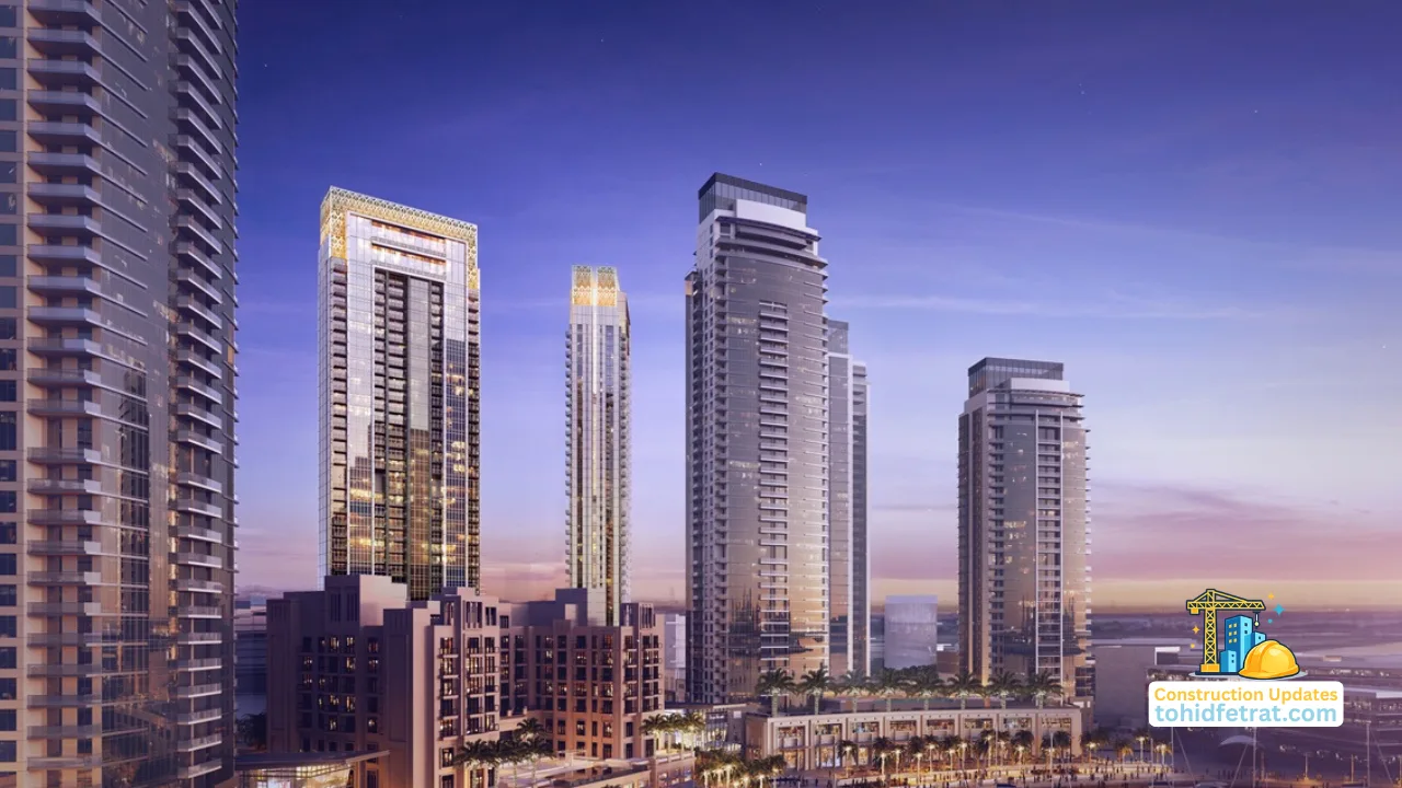 Creekside 18 at Dubai Creek Harbour by Emaar Properties construction update for March 2021 featuring the residential towers and surrounding skyline in Dubai Presented by Tohid Fetrat