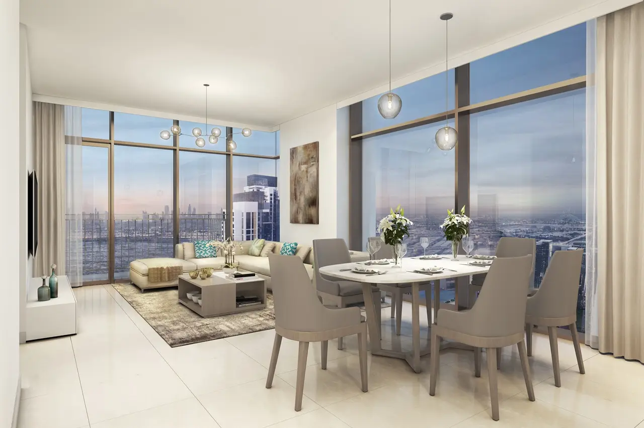 Creekside 18 at Dubai Creek Harbour by Emaar Properties contemporary living and dining room with floor to ceiling windows overlooking the Dubai skyline. Presented by Tohid Fetrat.