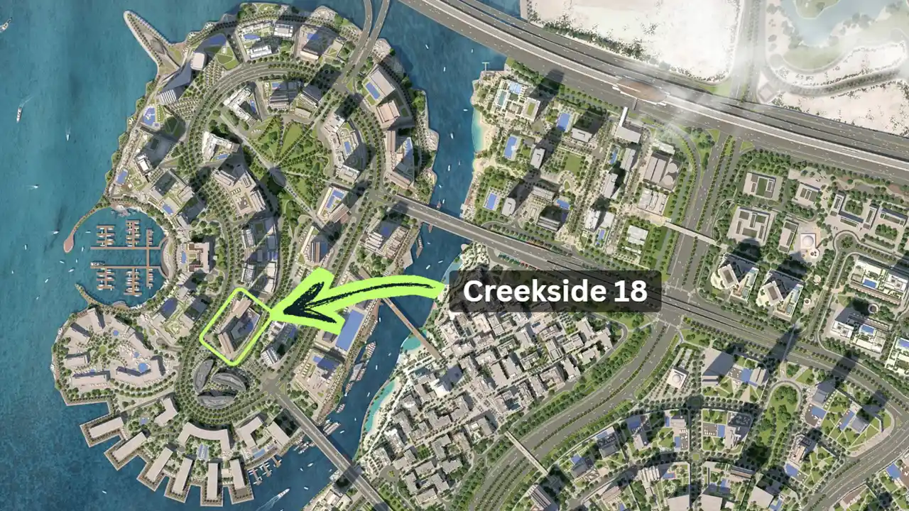 Creekside 18 at Dubai Creek Harbour by Emaar Properties location map highlighting the project position on Creek Island within the wider Dubai Creek Harbour masterplan. Presented by Tohid Fetrat.