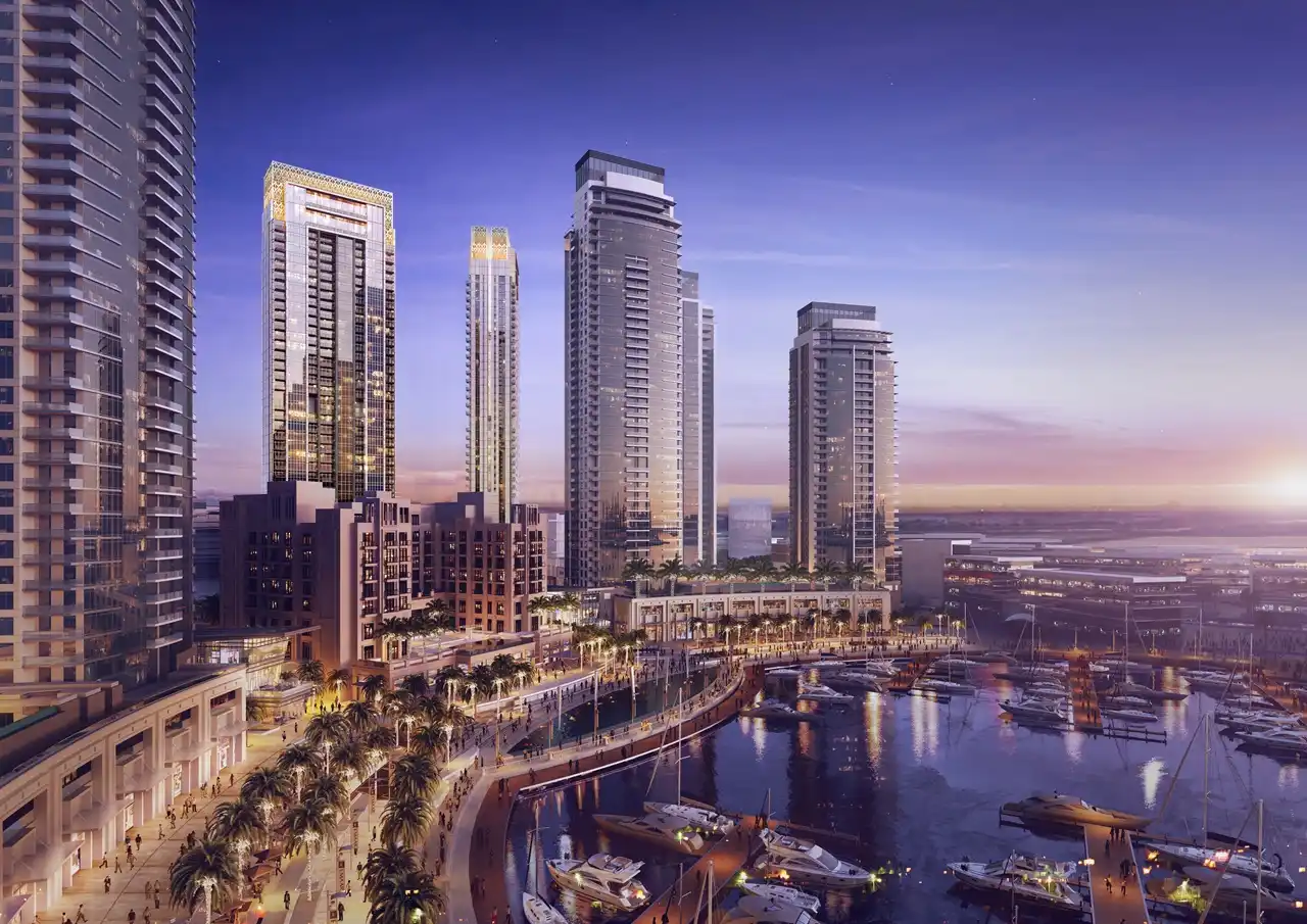 Creekside 18 at Dubai Creek Harbour by Emaar Properties overlooking the marina promenade and luxury waterfront in Dubai. Presented by Tohid Fetrat.