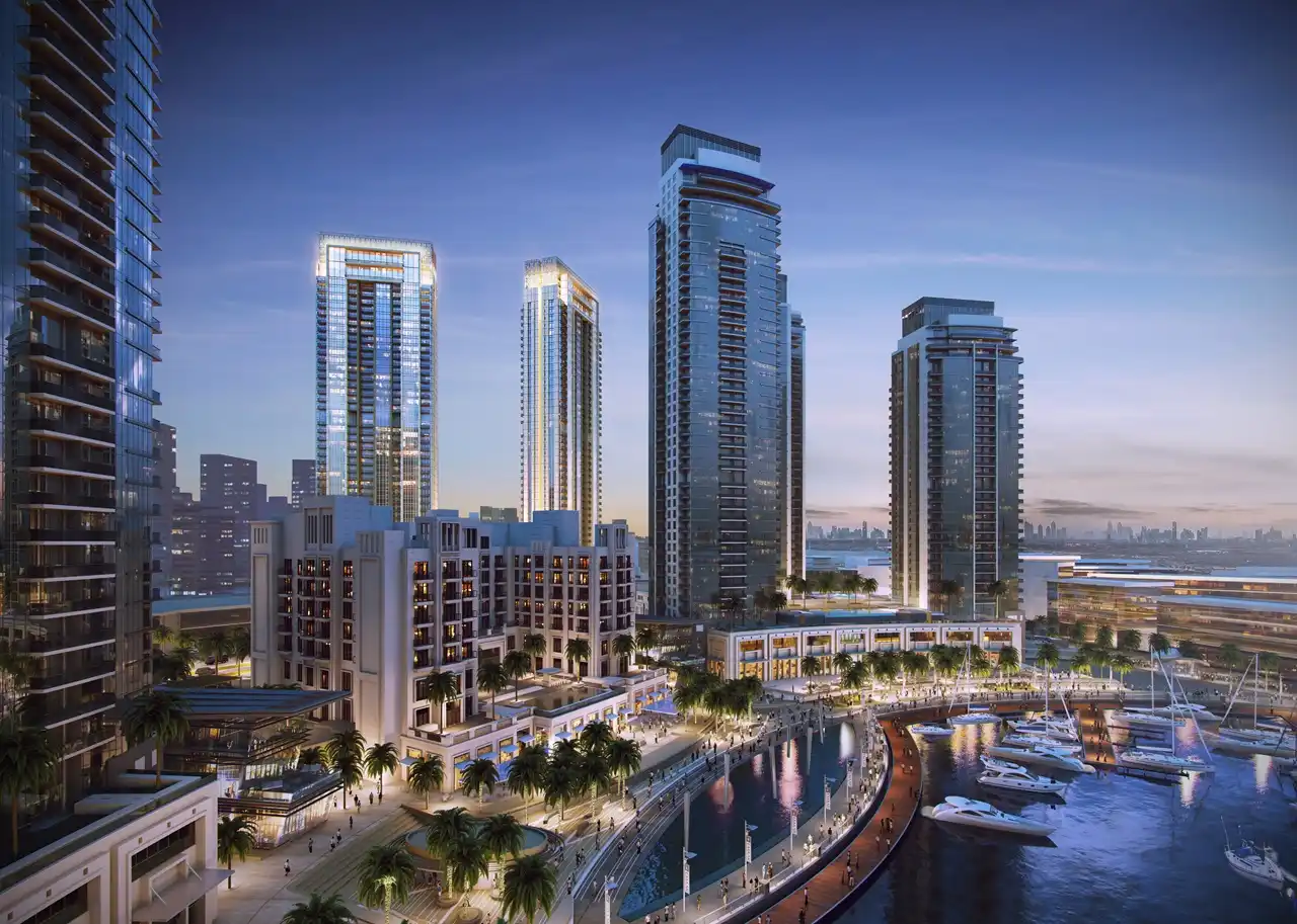 Creekside 18 at Dubai Creek Harbour by Emaar Properties overlooking the marina promenade, waterfront and surrounding skyline in Dubai. Presented by Tohid Fetrat.
