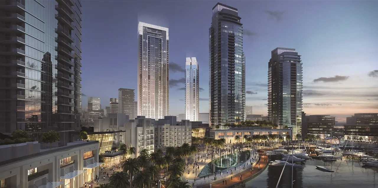 Creekside 18 at Dubai Creek Harbour by Emaar Properties overlooking the marina promenade and waterfront skyline in Dubai. Presented by Tohid Fetrat.