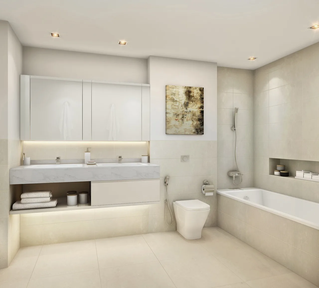 Creekside 18 at Dubai Creek Harbour by Emaar Properties contemporary bathroom with double vanity, bathtub and premium finishes. Presented by Tohid Fetrat.