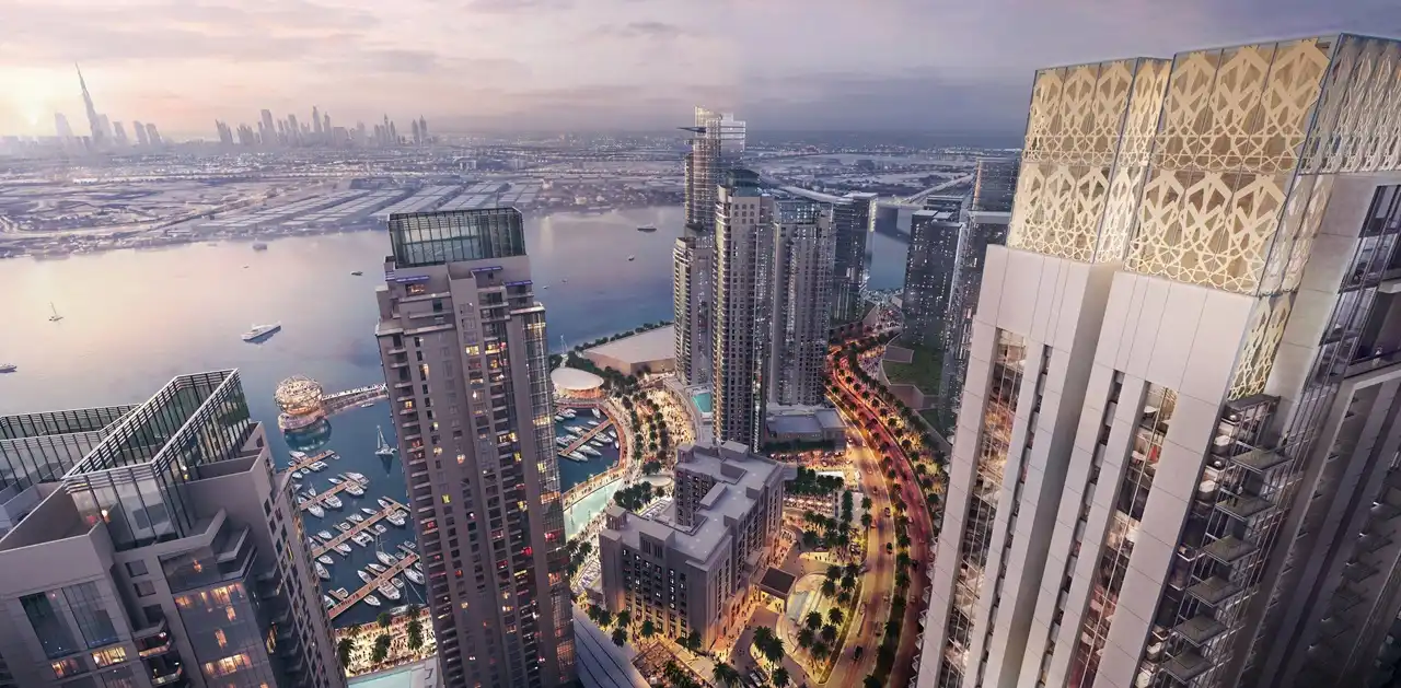 Creekside 18 at Dubai Creek Harbour by Emaar Properties panoramic waterfront view overlooking the marina and Dubai skyline. Presented by Tohid Fetrat.