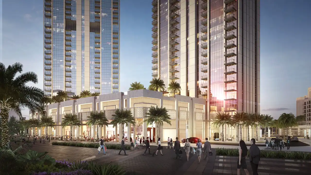 Creekside 18 at Dubai Creek Harbour by Emaar Properties podium retail promenade with landscaped walkways beneath the residential towers. Presented by Tohid Fetrat.