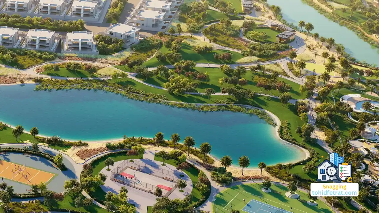 Community lagoon and park at DAMAC Hills 2 featured on the DAMAC Hills 2 Construction Updates page. Presented by Tohid Fetrat