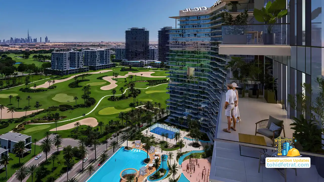 Aerial view of DAMAC Hills highlighting luxury residential towers, golf course, resort style amenities, and landscaped community for the DAMAC Hills Construction Updates page. Presented by Tohid Fetrat