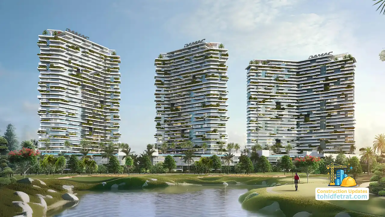 Luxury residential towers at DAMAC Hills overlooking the golf course illustrating why DAMAC Hills construction updates matter for Dubai property investors. Presented by Tohid Fetrat
