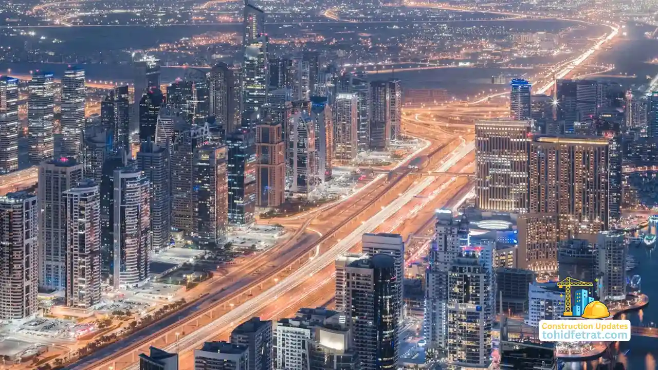 Downtown Jebel Ali Construction Updates with a panoramic Dubai skyline highlighting the surrounding urban infrastructure Presented by Tohid Fetrat