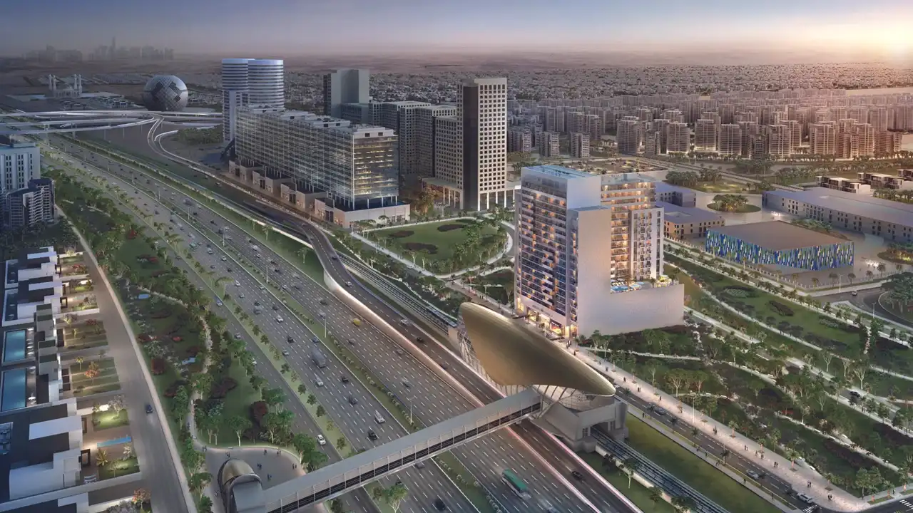 Aerial view of Downtown Jebel Ali highlighting modern mixed use developments and transport connectivity for Downtown Jebel Ali Properties for Sale. Presented by Tohid Fetrat