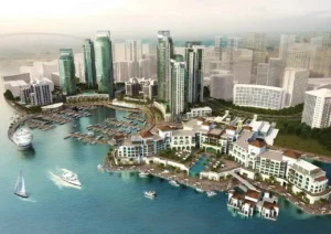 Dubai Creek Residences at Dubai Creek Harbour by Emaar Properties aerial view of waterfront residential towers, marina, yachts, and Dubai Creek in Dubai Presented by Tohid Fetrat
