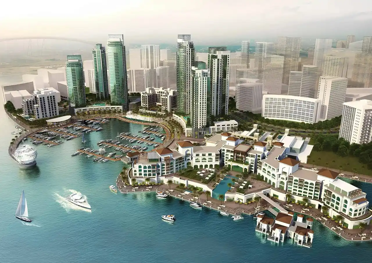 Dubai Creek Residences at Dubai Creek Harbour by Emaar Properties aerial view of waterfront residential towers, marina, yachts, and Dubai Creek in Dubai Presented by Tohid Fetrat