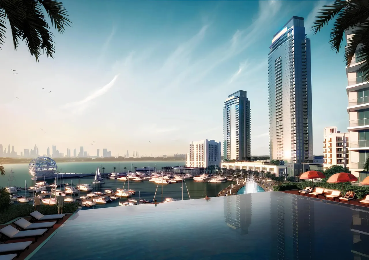 Dubai Creek Residences at Dubai Creek Harbour by Emaar Properties infinity pool overlooking the marina, waterfront towers, yachts, and Dubai skyline in Dubai Presented by Tohid Fetrat