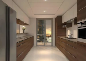Dubai Creek Residences at Dubai Creek Harbour by Emaar Properties modern kitchen with premium cabinetry, built in appliances, and balcony waterfront view in Dubai Presented by Tohid Fetrat