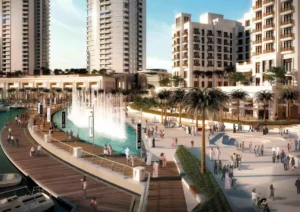Dubai Creek Residences at Dubai Creek Harbour by Emaar Properties waterfront promenade with dancing fountain, landscaped plaza, and residential towers in Dubai Presented by Tohid Fetrat