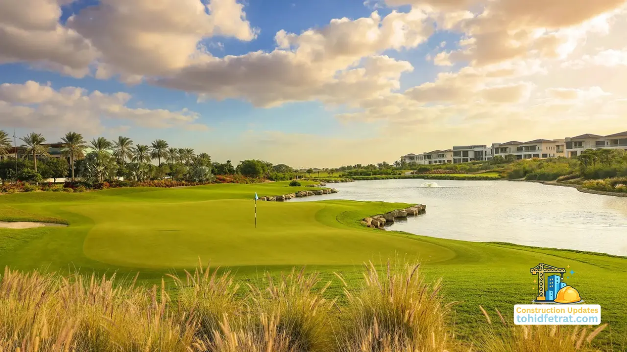 Dubai Hills Estate Construction Updates featuring the championship golf course, landscaped fairways, lakes, and luxury villas within the master community in Dubai. Presented by Tohid Fetrat