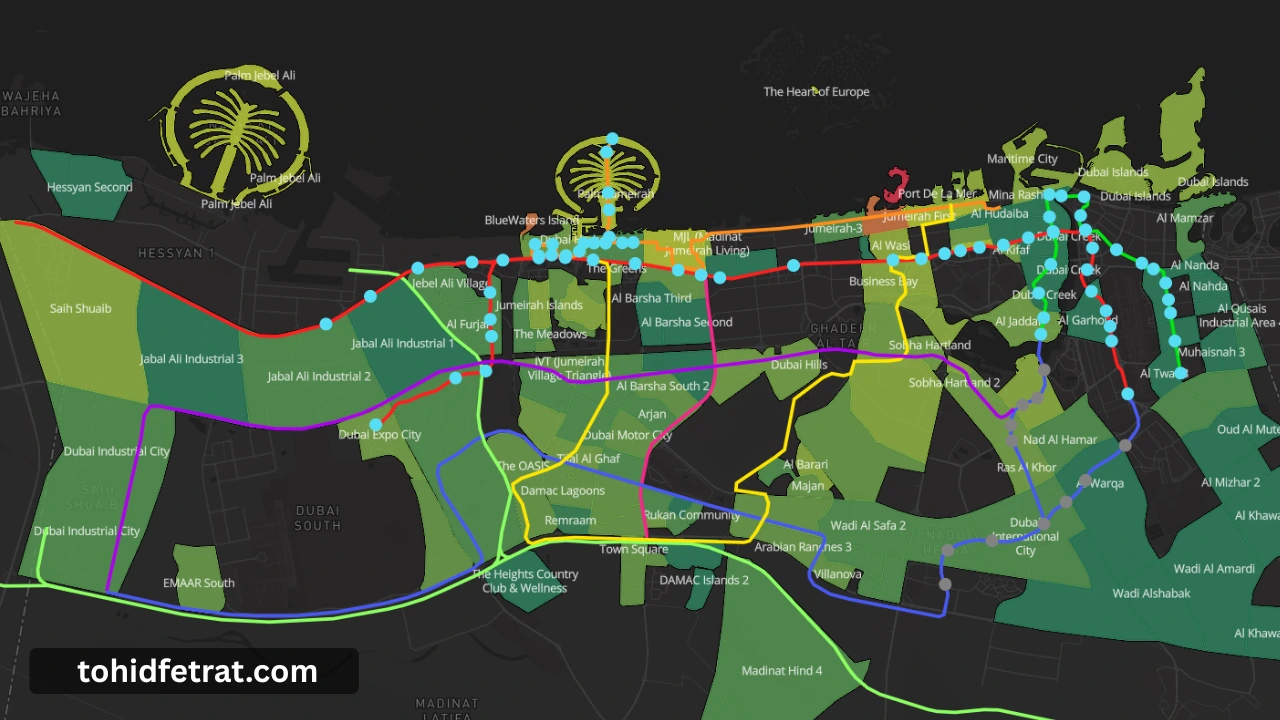 Dubai Metro network map showing Red Line Green Line Blue Line Gold Line and surrounding communities across Dubai Presented by Tohid Fetrat