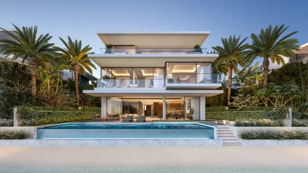 Frond A by Nakheel in Palm Jebel Ali Baia Luna beachfront villa exterior with private infinity pool terrace layered balconies and palm lined beach frontage in Dubai - Presented by Tohid Fetrat