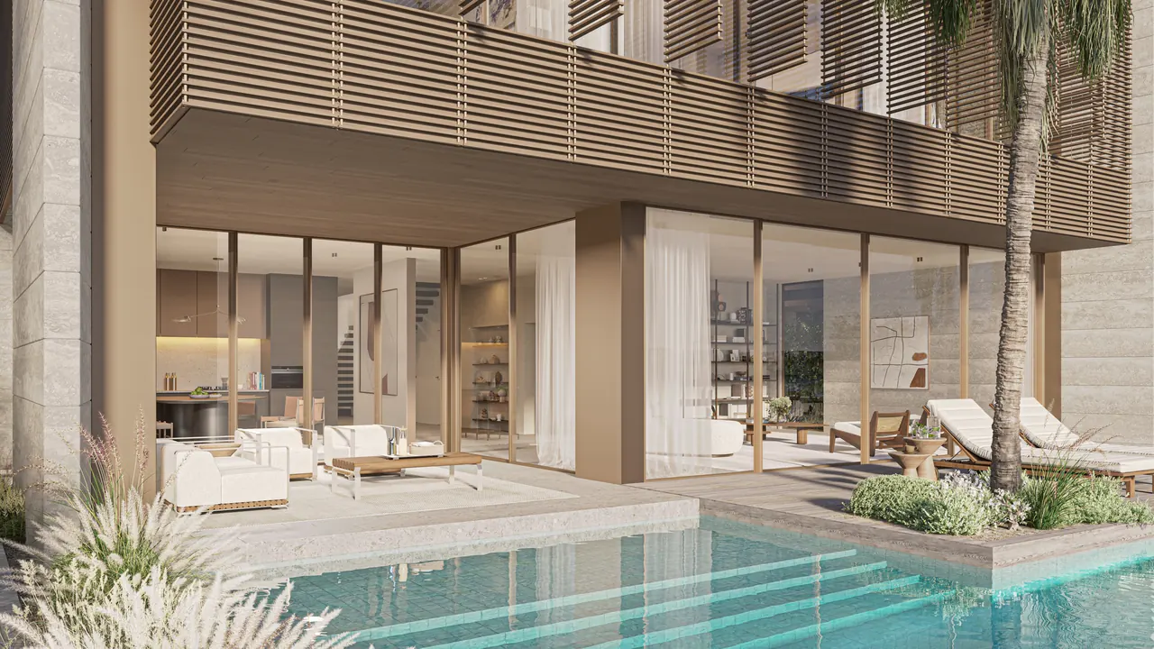 Frond A by Nakheel in Palm Jebel Ali Cobalt villa pool terrace with shaded outdoor lounge sun beds timber louvred soffit and open plan living beyond in Dubai - Presented by Tohid Fetrat