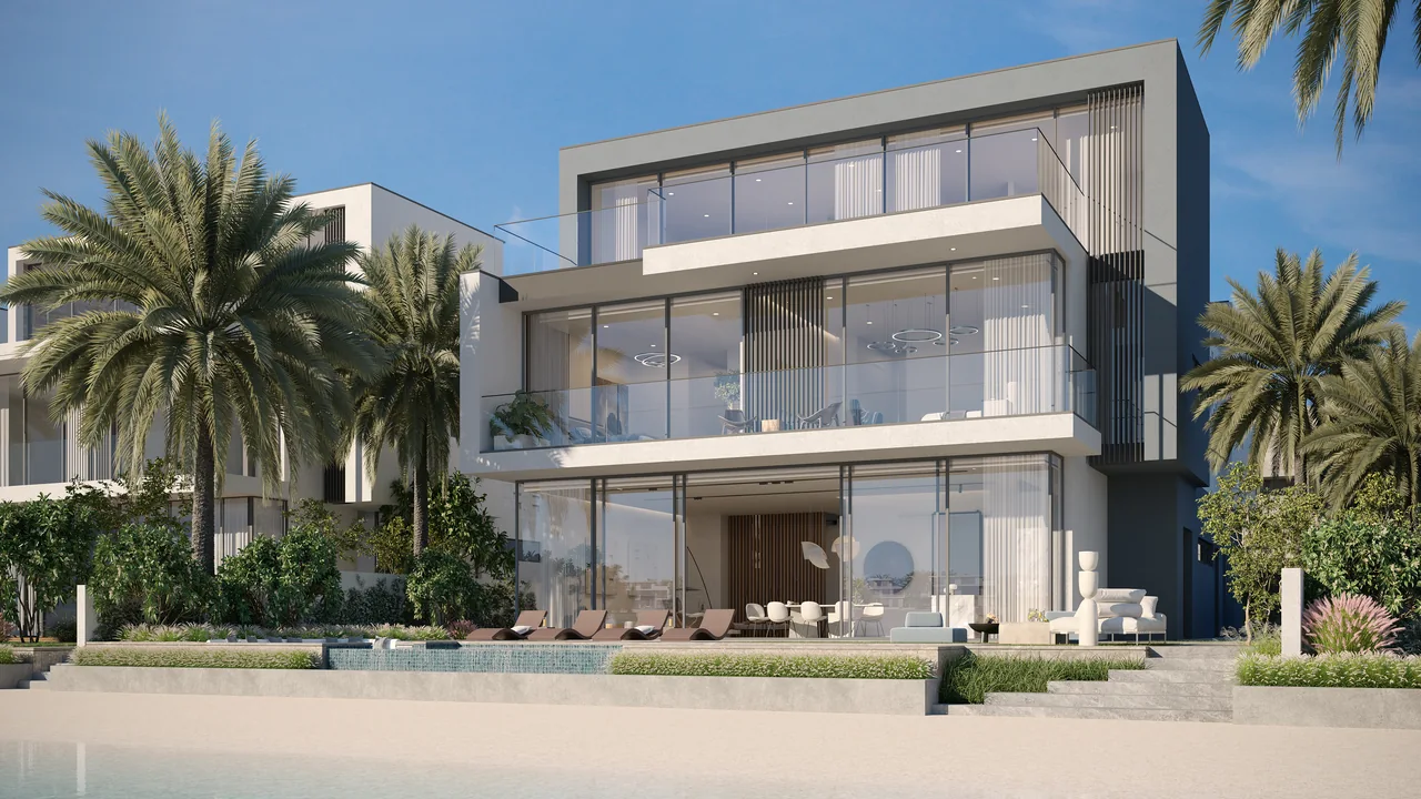 Frond A by Nakheel in Palm Jebel Ali Cyan Sky beachfront villa exterior with full height glazing shaded terraces pool deck and direct beach frontage in Dubai - Presented by Tohid Fetrat