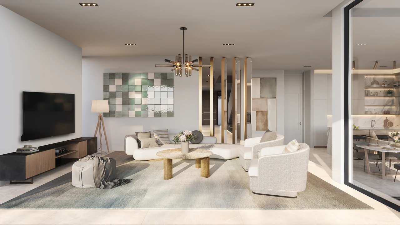 Frond A by Nakheel in Palm Jebel Ali Ocean Whisper villa living room with soft neutral furnishings sculptural lighting textured wall art and open dining beyond in Dubai - Presented by Tohid Fetrat
