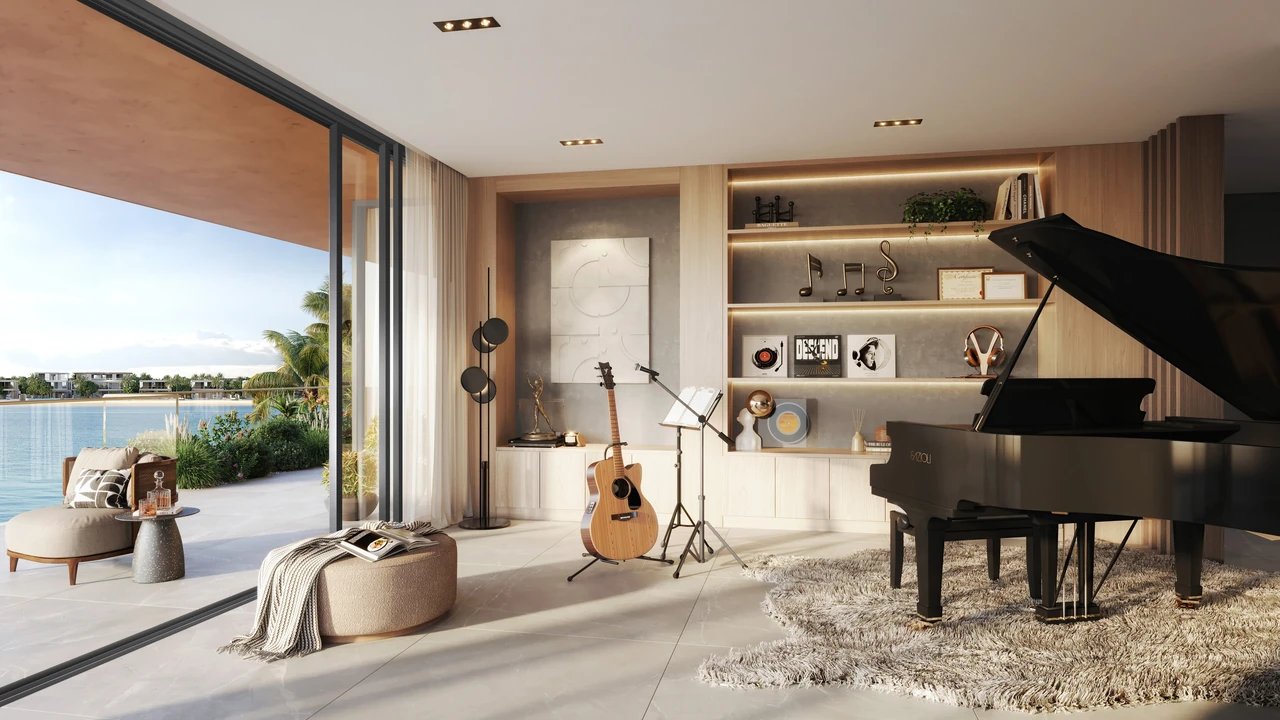 Frond A by Nakheel in Palm Jebel Ali Ocean Whisper villa music room with grand piano acoustic guitar display shelving and waterfront terrace in Dubai - Presented by Tohid Fetrat