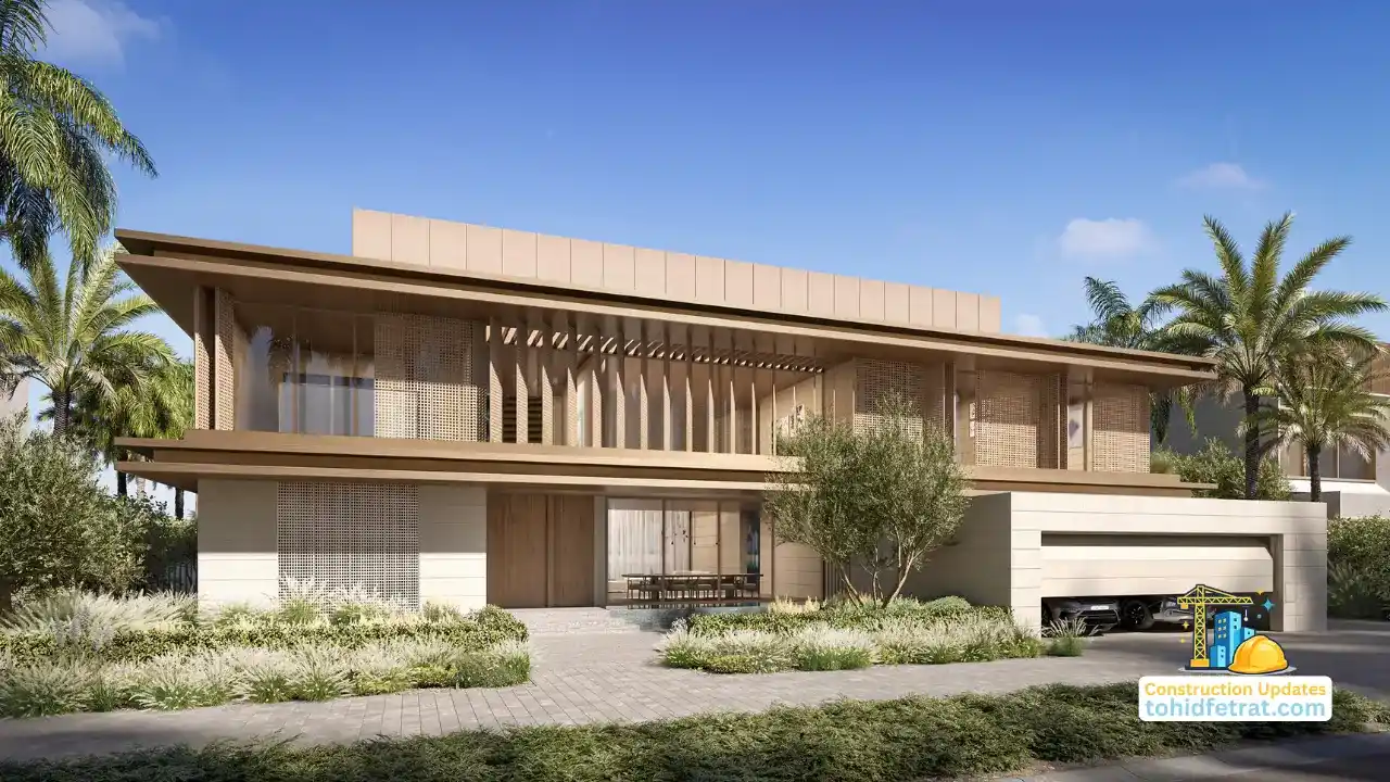 Frond A by Nakheel in Palm Jebel Ali construction update June 2026 showing the villa street elevation with timber louvred upper level covered garage and landscaped forecourt in Dubai - Presented by Tohid Fetrat