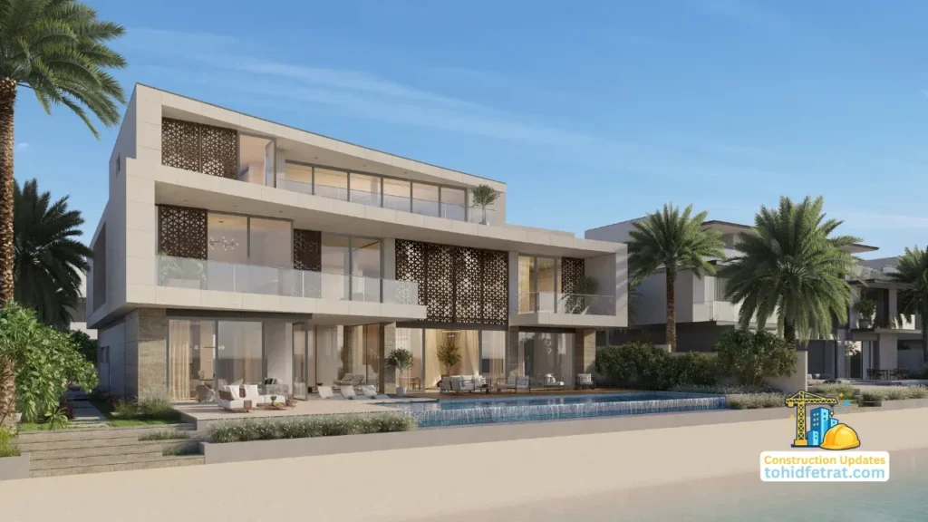 Frond A by Nakheel in Palm Jebel Ali construction updates showing the beachfront villa exterior with private pool terrace patterned screens and beach frontage in Dubai - Presented by Tohid Fetrat