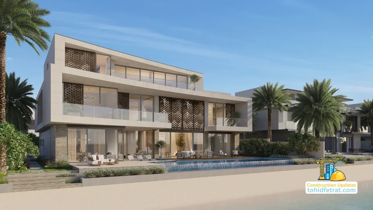Frond A by Nakheel in Palm Jebel Ali construction updates showing the beachfront villa exterior with private pool terrace patterned screens and beach frontage in Dubai - Presented by Tohid Fetrat