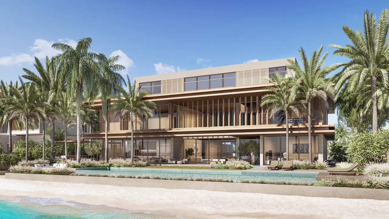 Frond A by Nakheel in Palm Jebel Ali Porcelain Roses villa exterior from the beach with mature palm garden pool terrace and layered timber canopies in Dubai - Presented by Tohid Fetrat