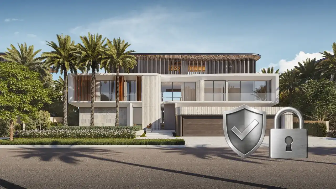 Frond A by Nakheel in Palm Jebel Ali escrow account protection concept for buyer payments with villa street elevation shield and padlock symbols in Dubai - Presented by Tohid Fetrat