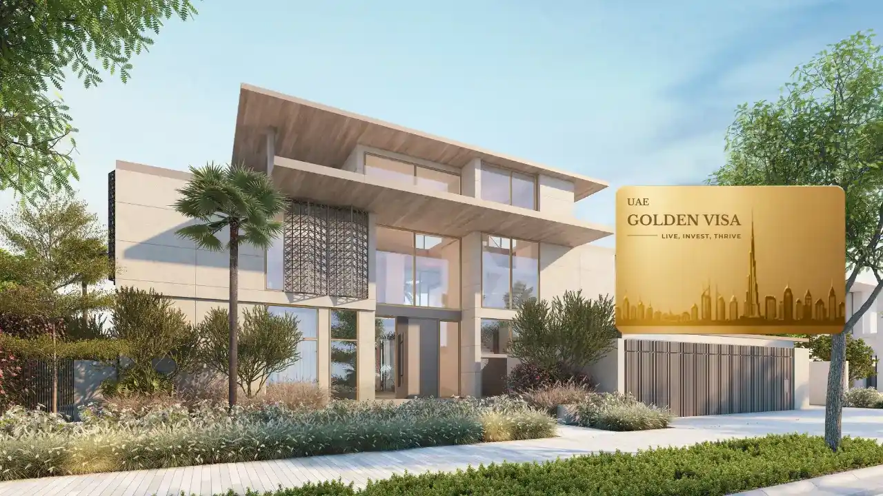 Frond A by Nakheel in Palm Jebel Ali Golden Visa eligibility concept with villa exterior landscaped frontage and UAE Golden Visa card in Dubai - Presented by Tohid Fetrat