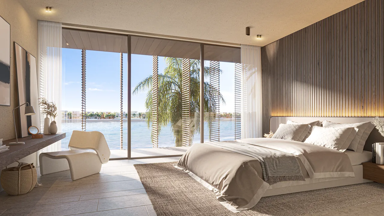 Frond B by Nakheel in Palm Jebel Ali Cobalt villa bedroom interior with layered lighting soft neutral finishes and terrace access in Dubai - Presented by Tohid Fetrat