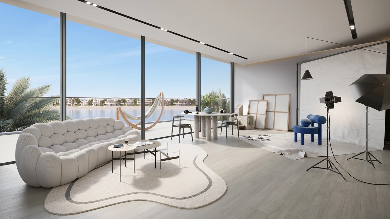 Frond B by Nakheel in Palm Jebel Ali Cyan Sky villa multi purpose room interior with flexible seating layout and full height glazing in Dubai - Presented by Tohid Fetrat
