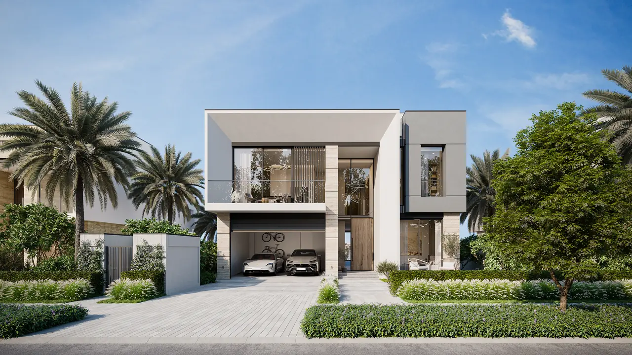 Frond B by Nakheel in Palm Jebel Ali Cyan Sky villa exterior street view with clean horizontal lines landscaped frontage and private driveway in Dubai - Presented by Tohid Fetrat