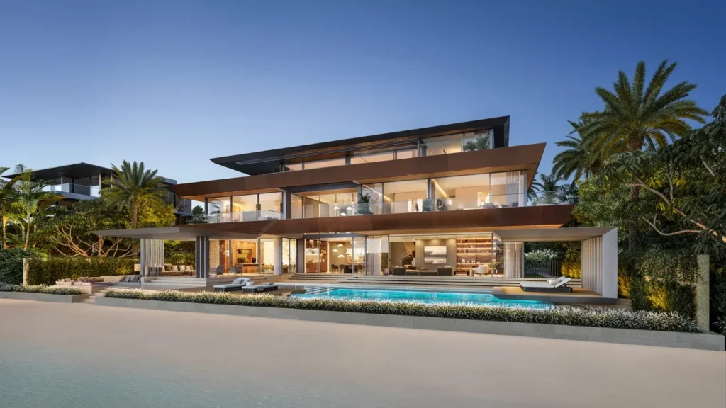 Frond B by Nakheel in Palm Jebel Ali Amber Reef villa exterior with private pool terrace landscaped deck and open sea view in Dubai - Presented by Tohid Fetrat