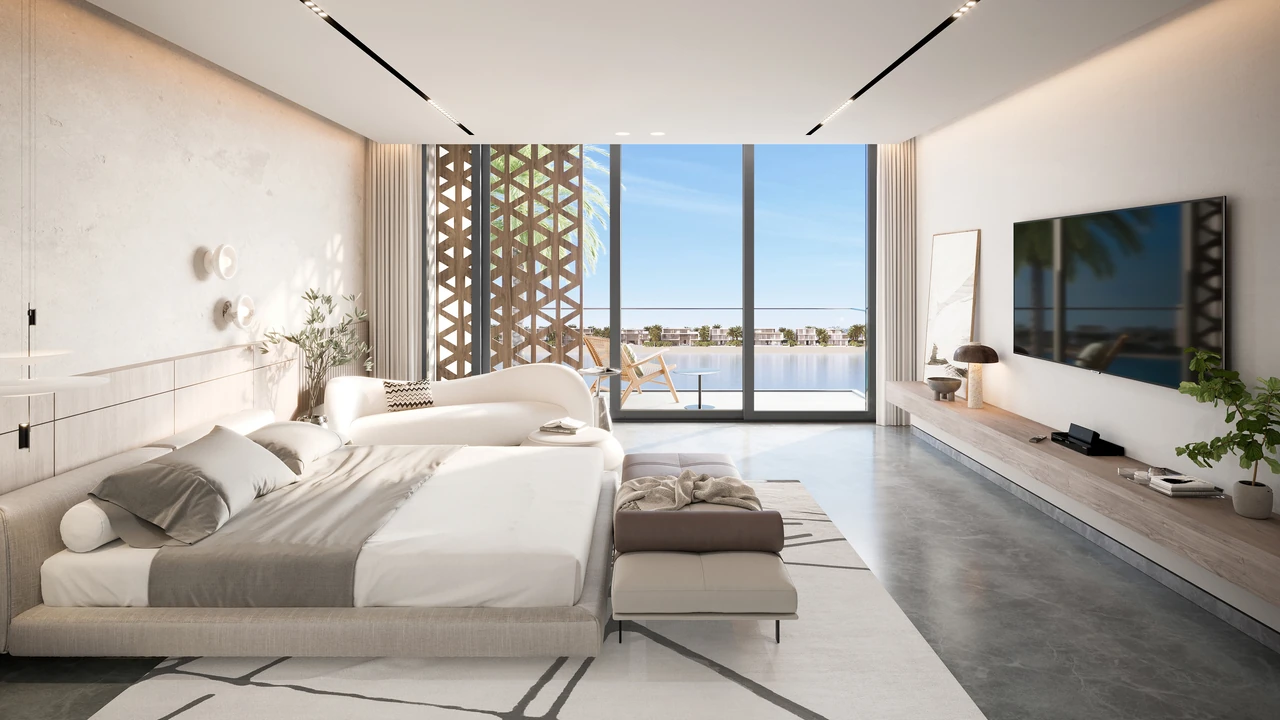 Frond B by Nakheel in Palm Jebel Ali Coral Dune villa bedroom interior with warm timber panelling soft lighting and glazed outlook in Dubai - Presented by Tohid Fetrat
