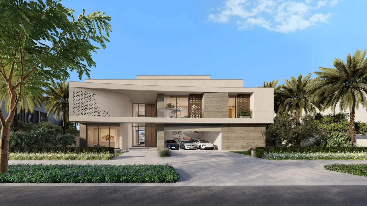 Frond B by Nakheel in Palm Jebel Ali Coral Dune villa exterior street view with sculpted facade landscaped entrance and private driveway in Dubai - Presented by Tohid Fetrat